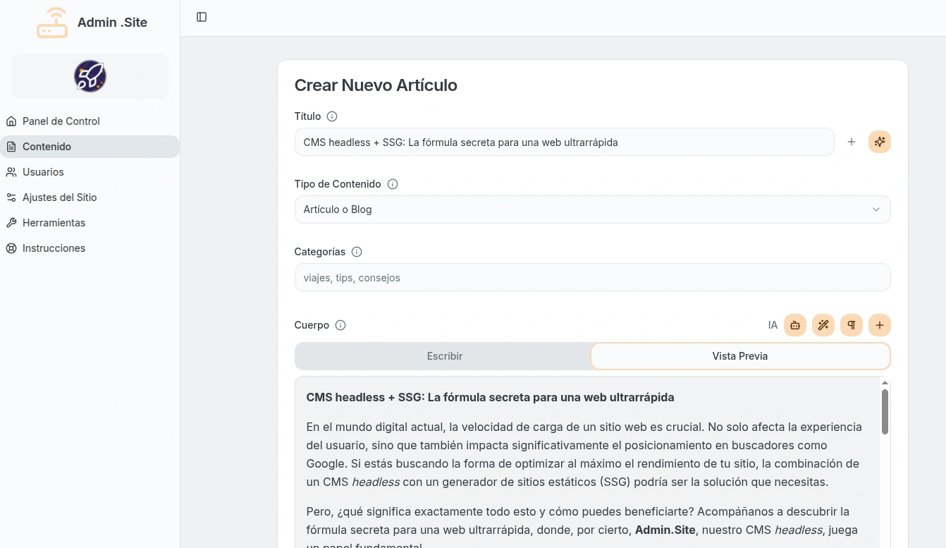 Dashboard de Admin.Site CMS